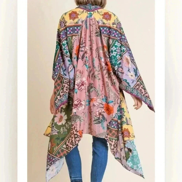 Umgee Jade Mixed Scarf Print Angel Sleeve Open Front Kimono Size M NWT - Picture 6 of 10
